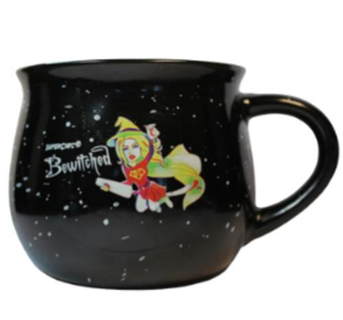 SuperChic® Bewitched Mug - Cauldron Inspired Coffee Mug - 12 Oz, black ceramic mug with witch illustration and star pattern design.