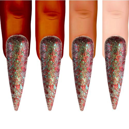 Fermented Gnome Nail Polish, close-up of four nails with glittery, colorful nail polish in gradient shades from dark to light, showcasing a shimmering, sparkle-filled finish.