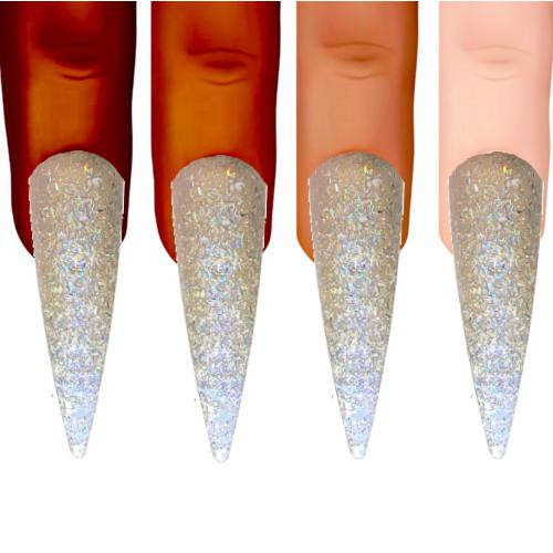 Secret Sprinkles Nail Polish, glittery and holographic nail polish applied to fingernails in four different skin tones.