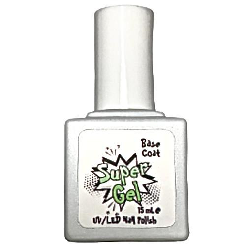 SuperGEL UV/LED Base Coat - Step 1, white nail polish bottle with colorful logo and brush cap for gel nail application.