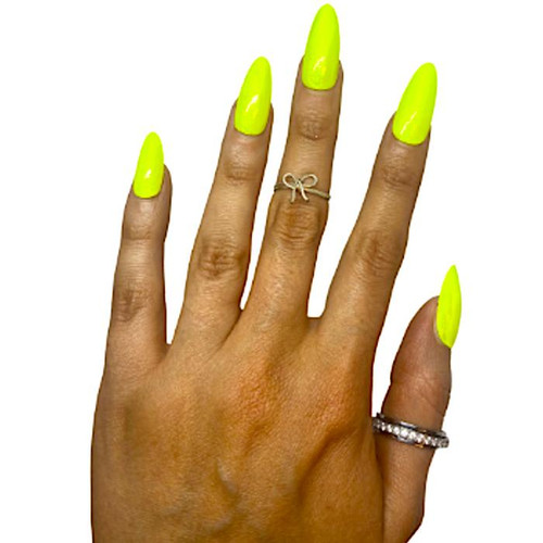 Flashpoint Neon Shimmer Nail Polish, close-up of a hand with neon yellow shimmer nail polish on fingernails.