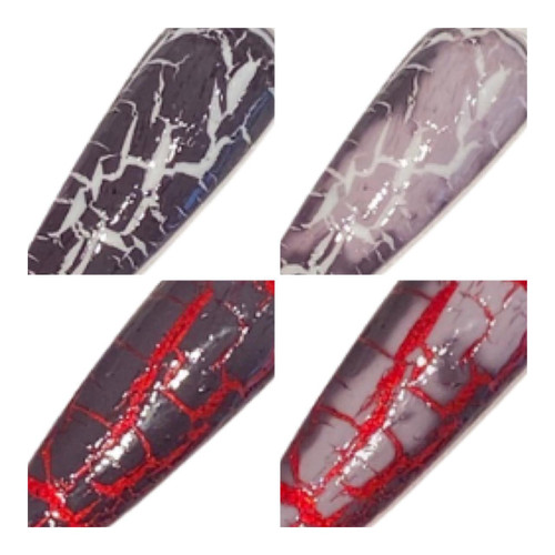 Crackula Crackle Nail Polish - Thermal - Glow In The Dark, close-up of four nails showing crackle effect with different colors and glow-in-the-dark properties.