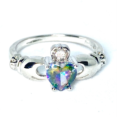 Claddagh Celtic Ring - Green Rainbow Heart - 925 Sterling Silver