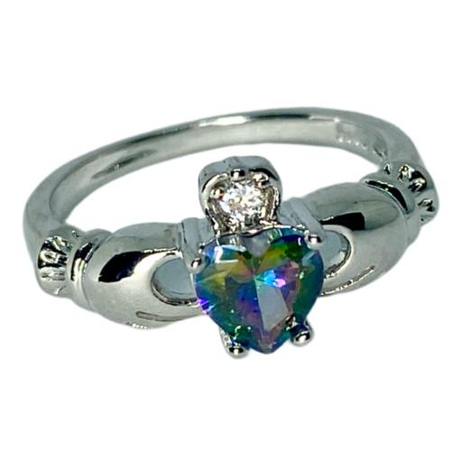 Claddagh Celtic Ring - Green Rainbow Heart - 925 Sterling Silver, a silver ring featuring a colorful rainbow heart-shaped gemstone and a small clear stone, symbolizing love, loyalty, and friendship.