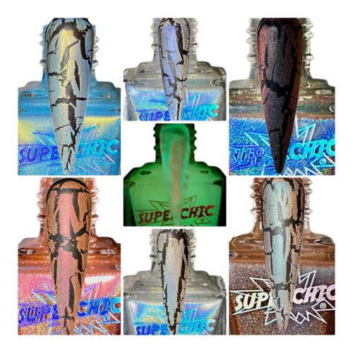Psycho Cult Horror Nail Polish - Multichrome Holographic Crackle Effects, display of six nail polish bottles with cracked nail design, showcasing holographic, multichrome, and crackle effects.