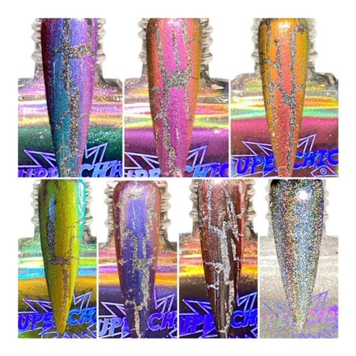 Crescendo NutCrackle Nail Polish - Multichrome Crackle Effects, close-up of nail polish bottles displaying vibrant, multicolored crackle nail polish effects with metallic and holographic finishes.