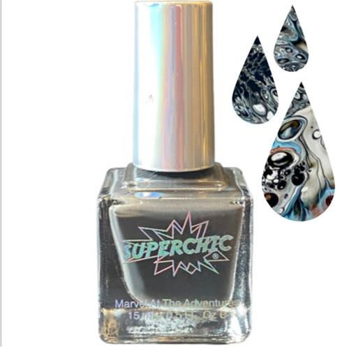 Mushroom Cloud Gray Neon Fluid Art Nail Polish, holographic metallic gray nail polish with fluid art design droplets.
