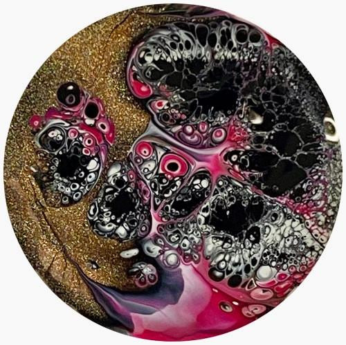 Dilated Black Fluid Art Nail Polish, abstract fluid art with black, white, pink, and gold colors flowing and swirling together.