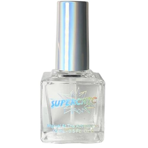 SUPERCHIC LACQUER Vinyl Coat Decal Plumping Top Coat Nail Polish, clear nail polish bottle with holographic label and silver cap.