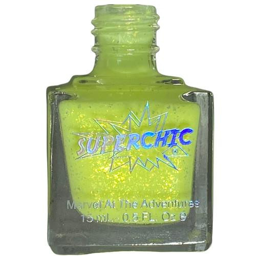 Weee Yellow Jelly Nail Polish - Inside Out Emotions Themed Nail Paint, bright yellow glitter nail polish in a square clear glass bottle with colorful 'SUPERCHIC' label and holographic design.