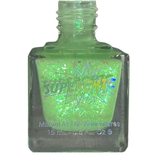 Icky Green Jelly Nail Polish - Inside Out Emotions Themed Nail Paint, close-up of a square glass bottle containing vibrant green jelly nail polish with holographic glitter and holographic label design.