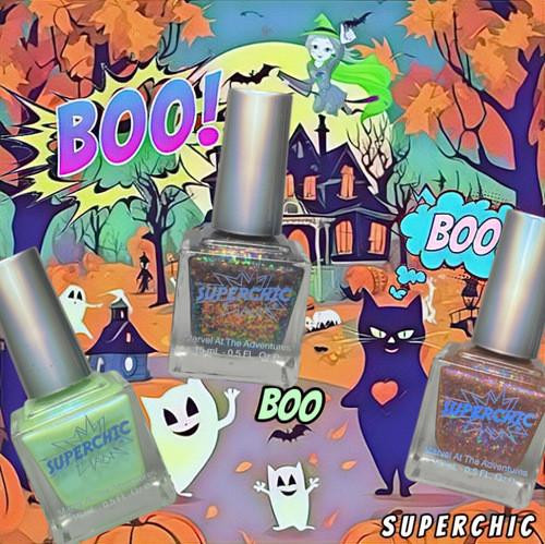 Boo Bag Halloween Nail Polish Set, festive Halloween-themed nail polishes including green and glittery shades with a spooky background featuring haunted house, bats, ghosts, and black cats.