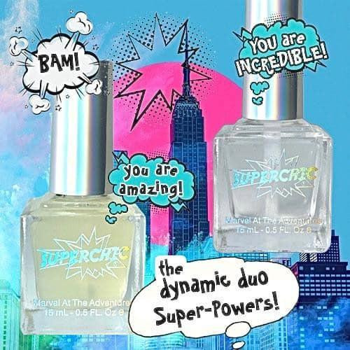 Marvel + Bring it On Bundle - Manicure Essentials Set featuring nail polish bottles against a comic book style background with speech bubbles and superhero-themed graphics.