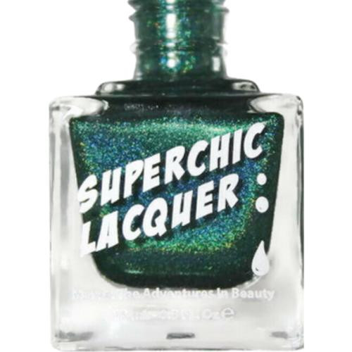 No Rest For The Wicked Nail Polish, glass bottle of holographic green nail lacquer with white and green text on the label.