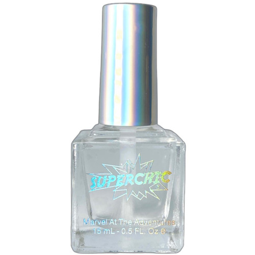 Marvel Liquid Macro Top Coat Nail Polish, holographic nail polish bottle with iridescent cap and holographic label design.