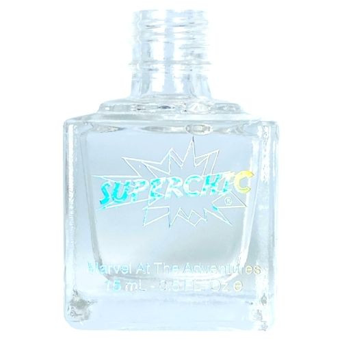 Marvel Liquid Macro Top Coat Nail Polish, clear nail polish bottle with holographic 'Superchic' logo and Marvel branding.