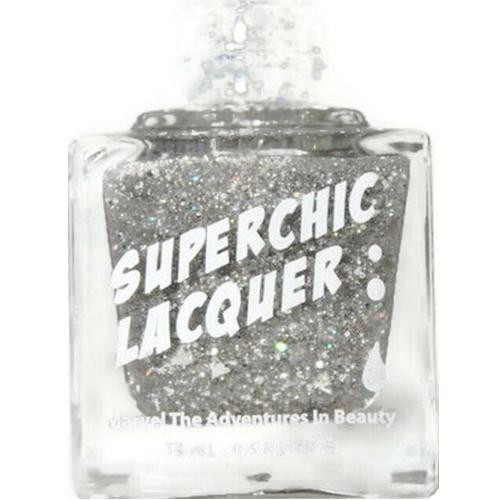 Crown Jewels Of Enchantment - Genuine Diamond Nail Polish, glass bottle of sparkling silver glitter nail polish with the label 'Superchic Lacquer' and tagline 'The Adventures in Beauty'.