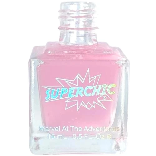 Marvel PLUSH Glitter Food smoothing top coat nail polish, clear bottle shown close-up without cap, by SuperChic Lacquer