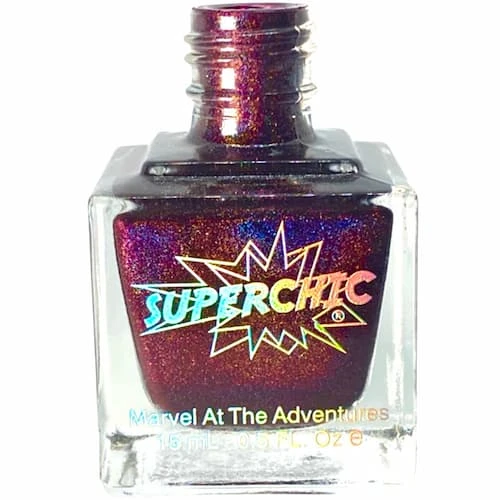 Zombie Crush Nail Polish, red-purple holographic nail polish bottle with no cap and Superchic Lacquer branding.