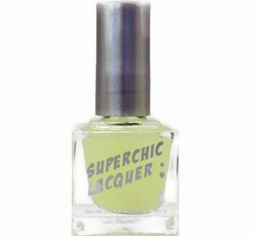 Peely Base Coat-Banana Peel-Quick Dry-EZ Slip Off Nail Polish, a light green nail polish bottle with a silver cap and a label reading 'Superchic Lacquer'.