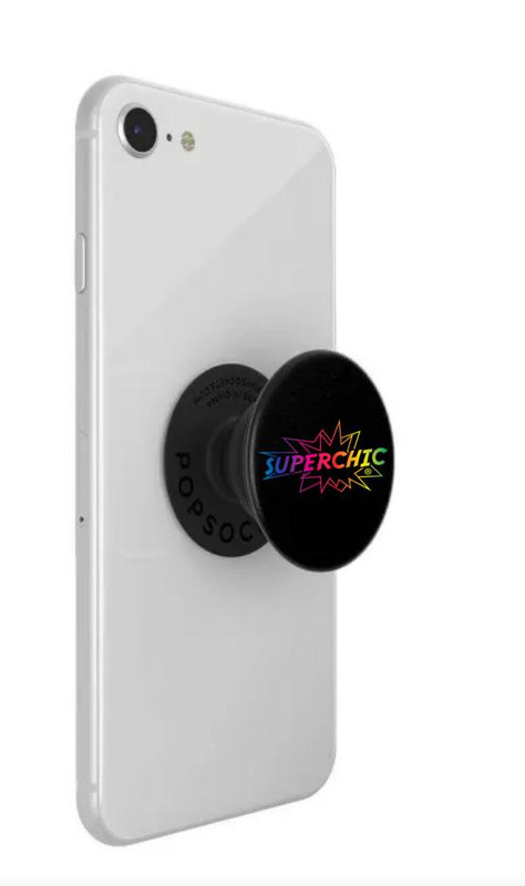 SuperChic® Mobile Phone PopGrip, handheld black pop socket with colorful SuperChic logo attached to a white smartphone.
