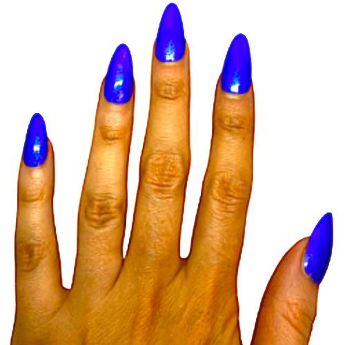 Blue Flame Neon Shimmer Nail Polish, manicured fingernails painted with vibrant blue neon shimmer nail polish on a woman's hand.