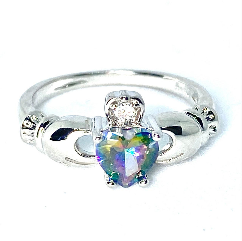 Claddagh Celtic Ring - Green Rainbow Heart - 925 Sterling Silver, close-up image of a silver ring featuring a green rainbow heart-shaped gemstone and a small clear gemstone, representing love, loyalty, and friendship.