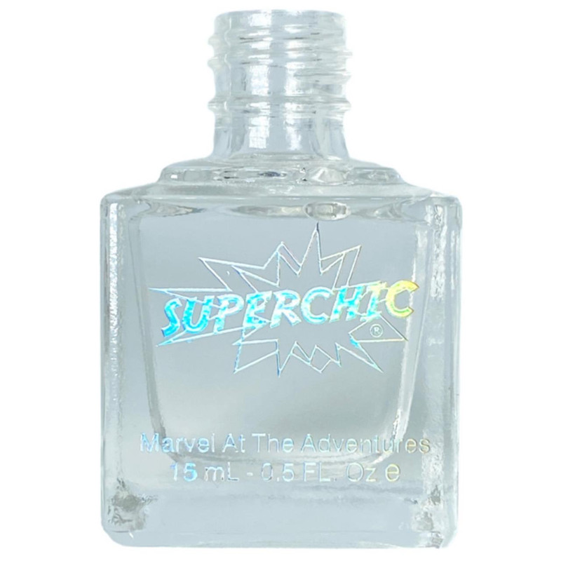 Marvel Liquid Macro Top Coat Nail Polish, clear nail polish bottle with holographic 'Superchic' logo and Marvel branding.