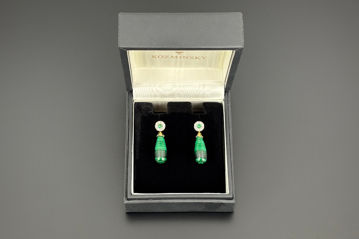 Malachite, Emerald and Diamond Cluster Earrings
