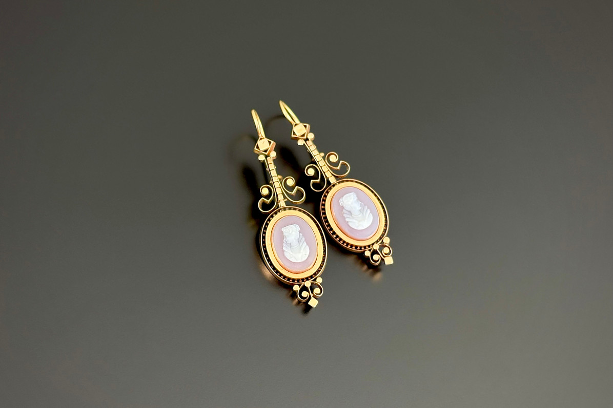A Stylish Pair of Victorian Etruscan Revival Gold Cameo Drop Earrings