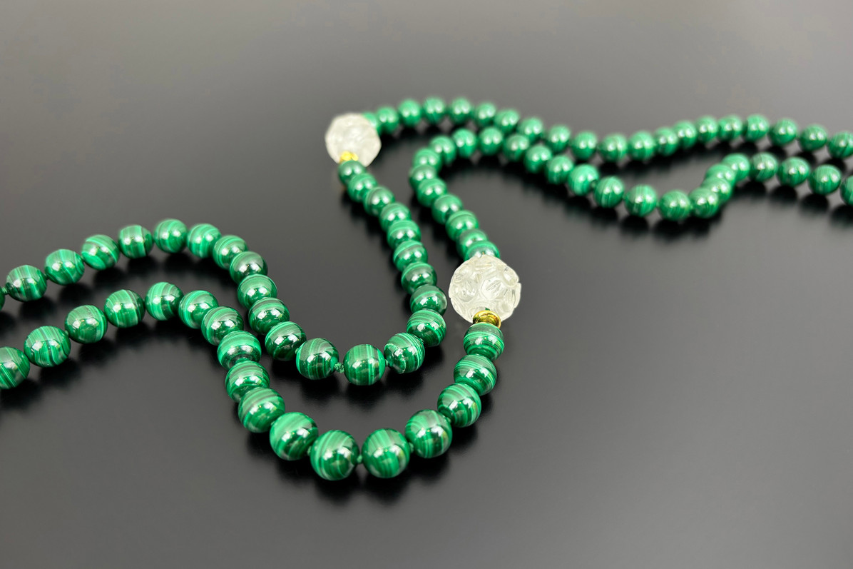 A Luscious Malachite, Rock Crystal and Gold Bead Necklace