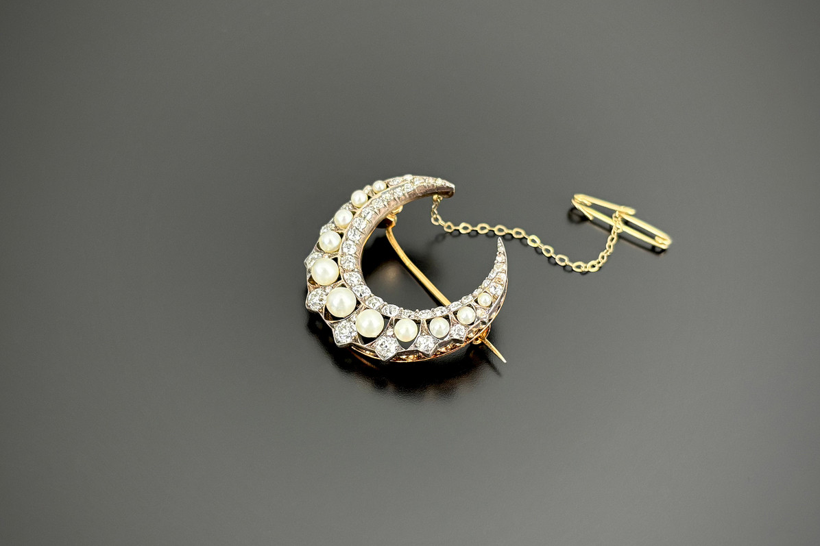 Victorian pearl, diamond moon brooch