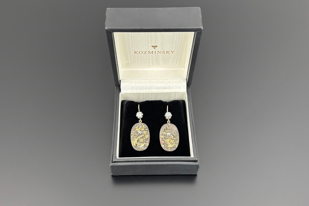 Antique shakudo and diamond earrings