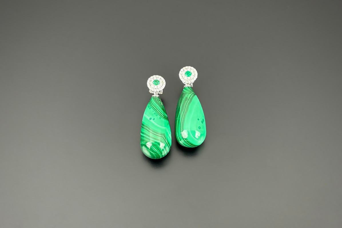 Malachite, Diamond and Emerald Cluster Earrings 
