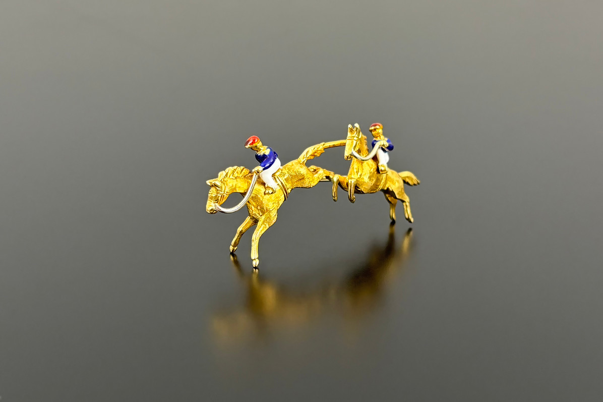 Vintage Gold and Enamel Galloping Horses Brooch