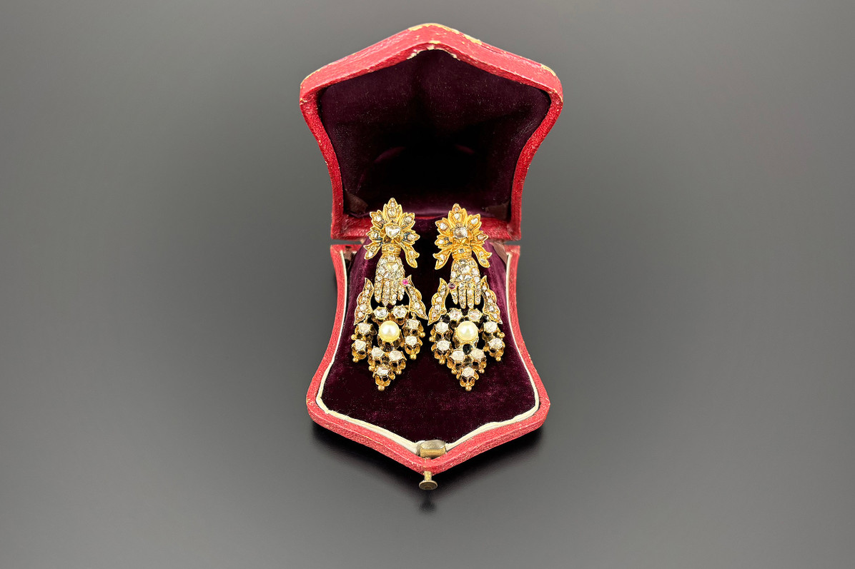 Antique Pearl, Diamond and Gold Drop Earrings
