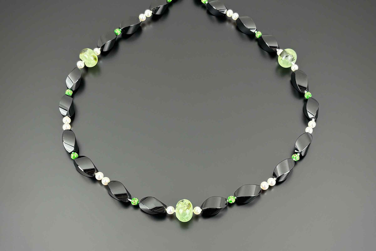 Onyx, Pearl, Agate and Enamel Bead Necklace
