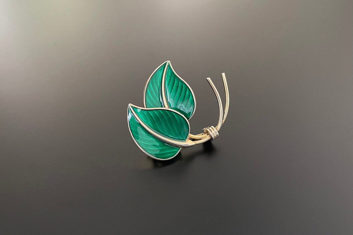 A Double Leaf Brooch with Forest Green Enamel
