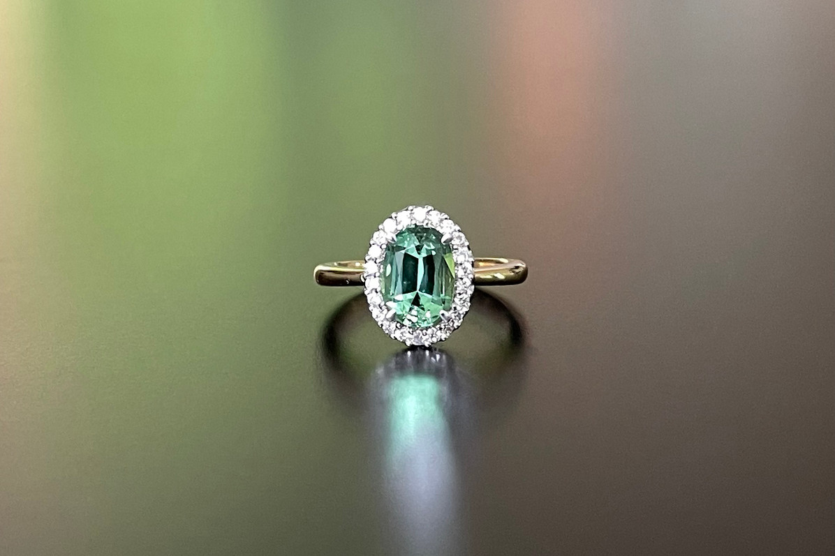 Mint Tourmaline and Diamond Cluster Ring in 18ct yellow gold

