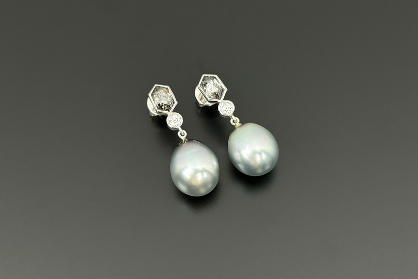 Salt & Pepper Diamond and Tahitian Pearl Earrings