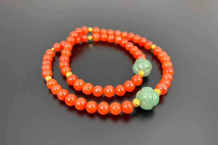 A Striking Carnelian, Jadeite and Gold Bead Necklace