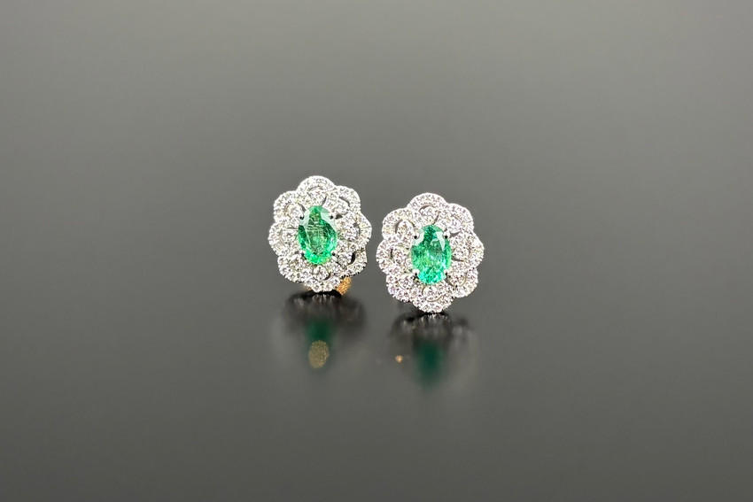 A Classic Pair of Emerald and Diamond Cluster Earrings