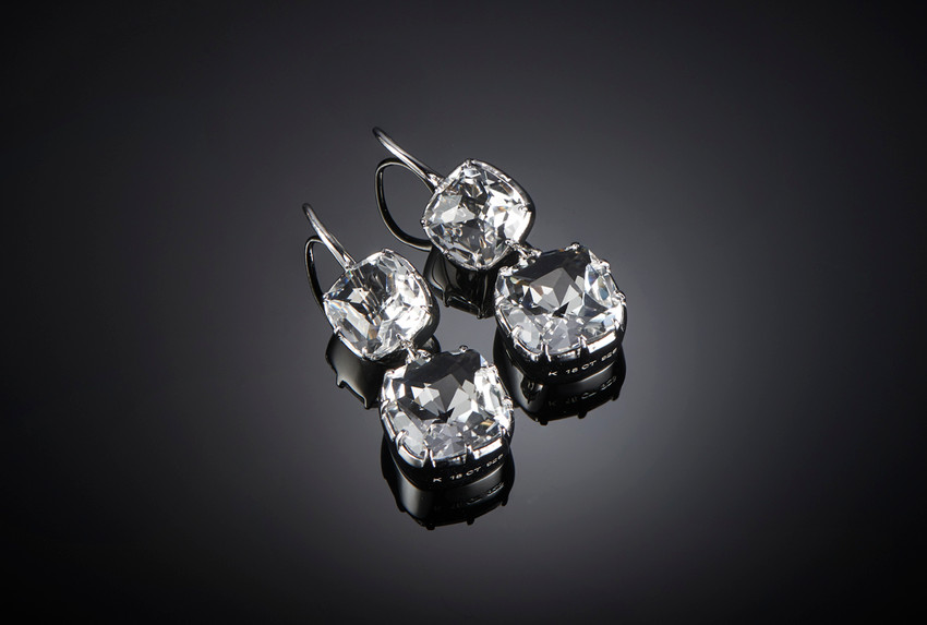 Kozminsky Large Double Drop Rock Crystal Earrings in Silver.
Cushion cut rock crystal suspending a larger cushion cut drop.
Hook fitting.
Sterling Silver and Rhodium Plated.