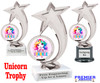 Unicorn theme trophy that will be a great award for your themed pageants, spring events, contests and more.  6" to 8" tall.  6081s