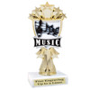Music theme trophy.  6.5 - 8.5" tall with choice of base.  Great for your karaoke, singing contests, talent competitions and more!