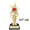 School theme trophy.  Great for BTS events, pageants, contests or your students.  7.5"- 9.5" tall depending on base