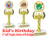 Kids Birthday theme trophy with choice of art work. Great party favor!  6" tall  (80087