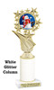 Snowman theme trophy. White Glitter column. Choice of artwork.   Great for all of your holiday events and contests. 696