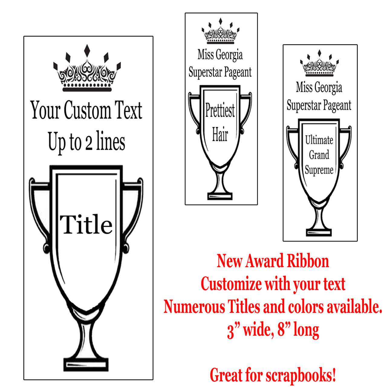 New Printed Award Ribbon - Available in multiple colors and titles.  Customize with your text. - Premier Crowns and Awards