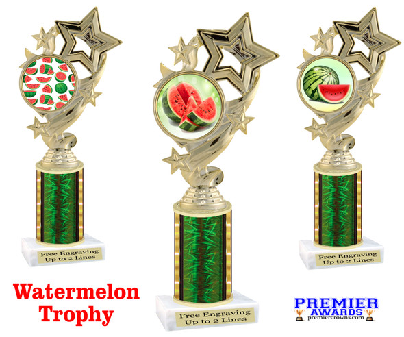 Watermelon trophy with choice of trophy height and artwork.  Great for your themed pageants, summer events and contests.  649 green